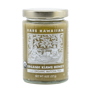 jar of rare hawaiian organic kiawe honey with matcha tea