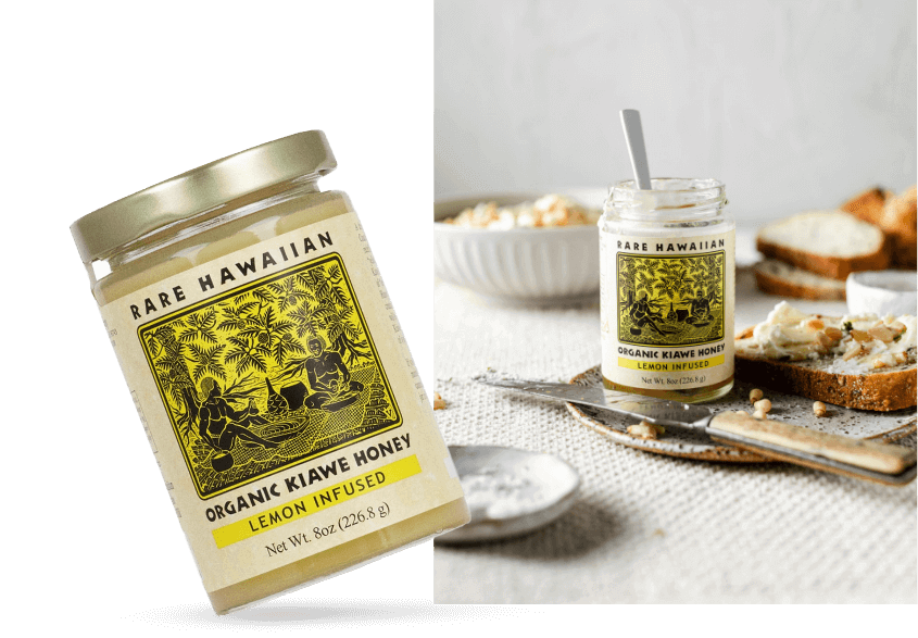 jars of rare hawaiian organic kiawe honey lemon infused